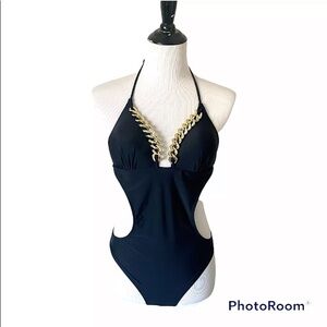 Womens Swimbay Size Small One Piece Bathing Swimsuit Black Gold Neck Cut Out EUC